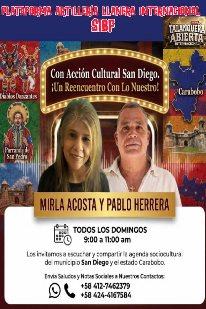 pablo1herrera's tweet photo. ✓🧏🏻‍♂️🙏🏽❤️🫂🎼🐎🎵🔔🎶🎤 Con Acción Cultural San Diego. ¡Un Reencuentro Con Lo Nuestro!
Todos los domingos de 9:00am a 11:00am. Conducido por Mirla Acosta y Pablo Herrera.
Escribeme o Llámame y te envío la conexión: 0412-7462379 / 0414-4116742.
A la orden siempre. Bendiciones. https://t.co/LG9dNhj0ZU