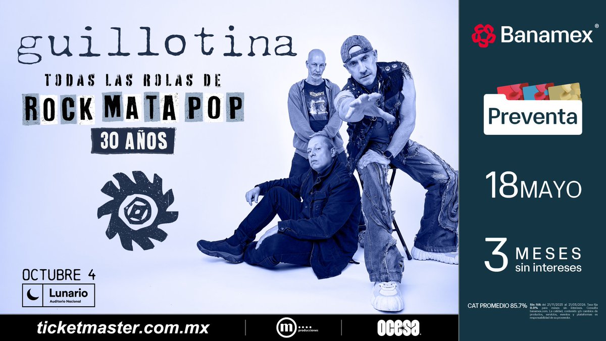 TimeOutMexico's tweet photo. #TriviaTOM
❤️🔁 

El rock mexa de Guillotina llegará este DOMINGO 4 de OCTUBRE al Lunario. La banda celebrará los 30 años de su disco más emblemático y lo tocará completo de principio a fin. 

Va la dinámica: 
1. Síguenos en Instagram @timeoutmexico. Dale like y comparte nuestras tres publicaciones más recientes.
2. ¿A qué disco nos referimos? Menciona al menos 3 canciones.
3. Envía una captura de pantalla del paso 1, junto con tus respuesta, a rodrigo.sanchez@timeoutmexico.mx