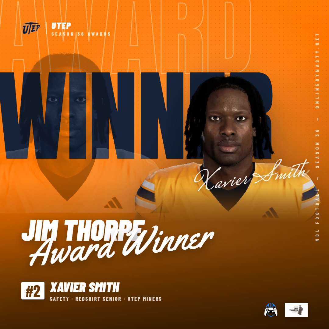 _onlinedynasty's tweet photo. Jim Thorpe: UTEP's Xavier Smith wins the Jim Thorpe Award, 38-4, after tying for the league lead with 12 INTs, adding 18 PD and 3 defensive TDs. #NDL https://t.co/0CiQmagVTq