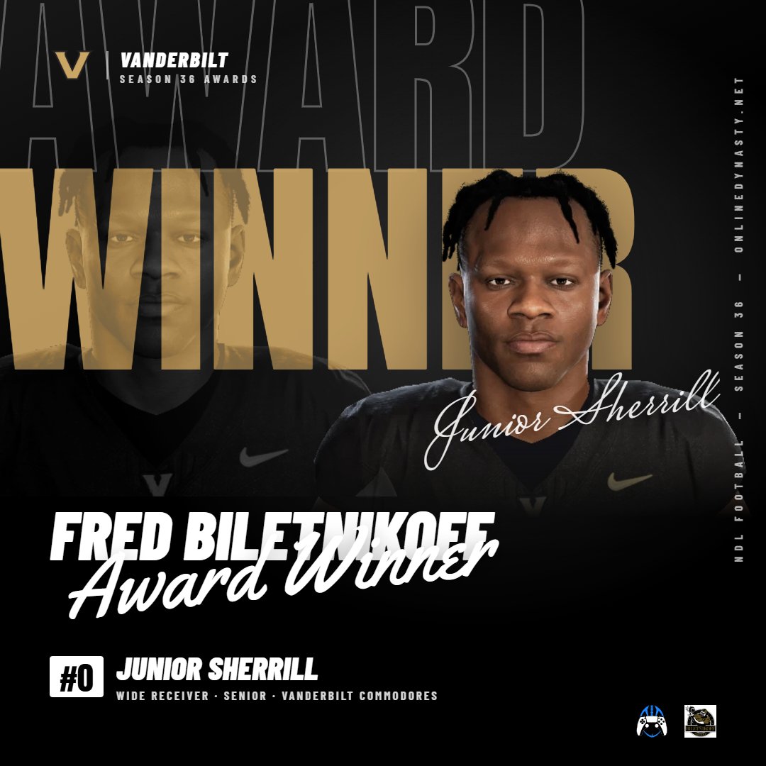 _onlinedynasty's tweet photo. Biletnikoff: Vanderbilt's Junior Sherrill wins the Biletnikoff, 42 of 55 pts, after leading the league in catches (94), yards (1,827) and TDs (19). #NDL https://t.co/K2QKYxXUJP
