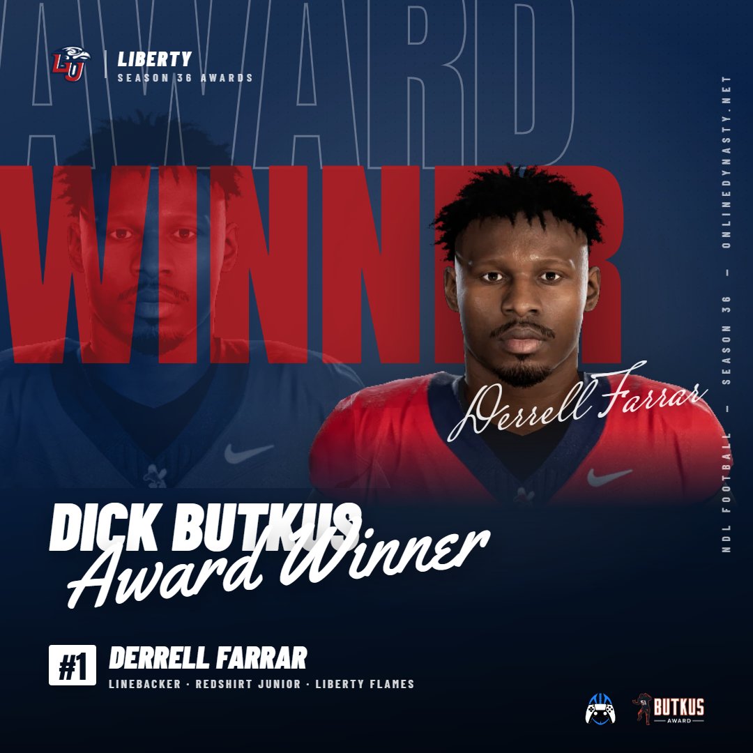 _onlinedynasty's tweet photo. Butkus: Liberty's Derrell Farrar wins the Dick Butkus Award by 2 points (19-17) over Sammy Brown after leading the league in tackles for loss. #NDL https://t.co/1bfgq1d8FT