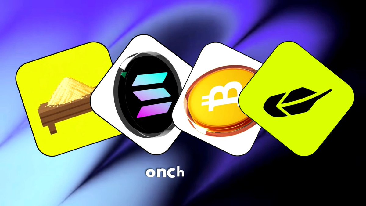 The image features a row of four cryptocurrency-related app icons displayed against a purple and blue abstract background, including what appears to be a mining/gold icon, the Solana logo, a Bitcoin (₿) coin, and a green leaf-like icon, with the text "onch" at the bottom. The image relates to the post by @degenBRO__ as it showcases various crypto platforms likely associated with the "degen" (degenerate) crypto trading community's interests in decentralized finance and digital assets.