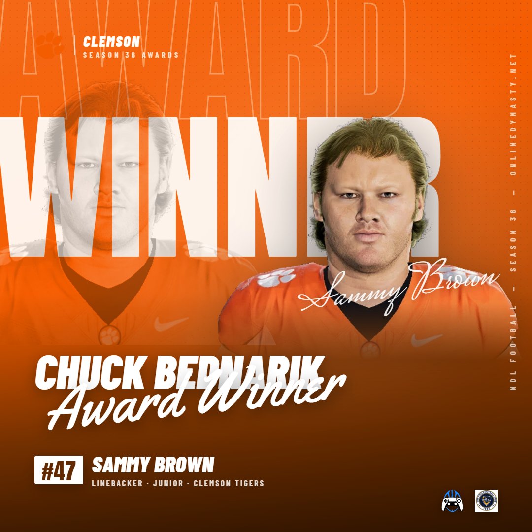 _onlinedynasty's tweet photo. Bednarik: Clemson's Sammy Brown wins the Chuck Bednarik Award, 14-11 over Derrell Farrar, after leading the league with 5 defensive TDs and adding 10 INTs. #NDL https://t.co/Mj8qUykEjZ