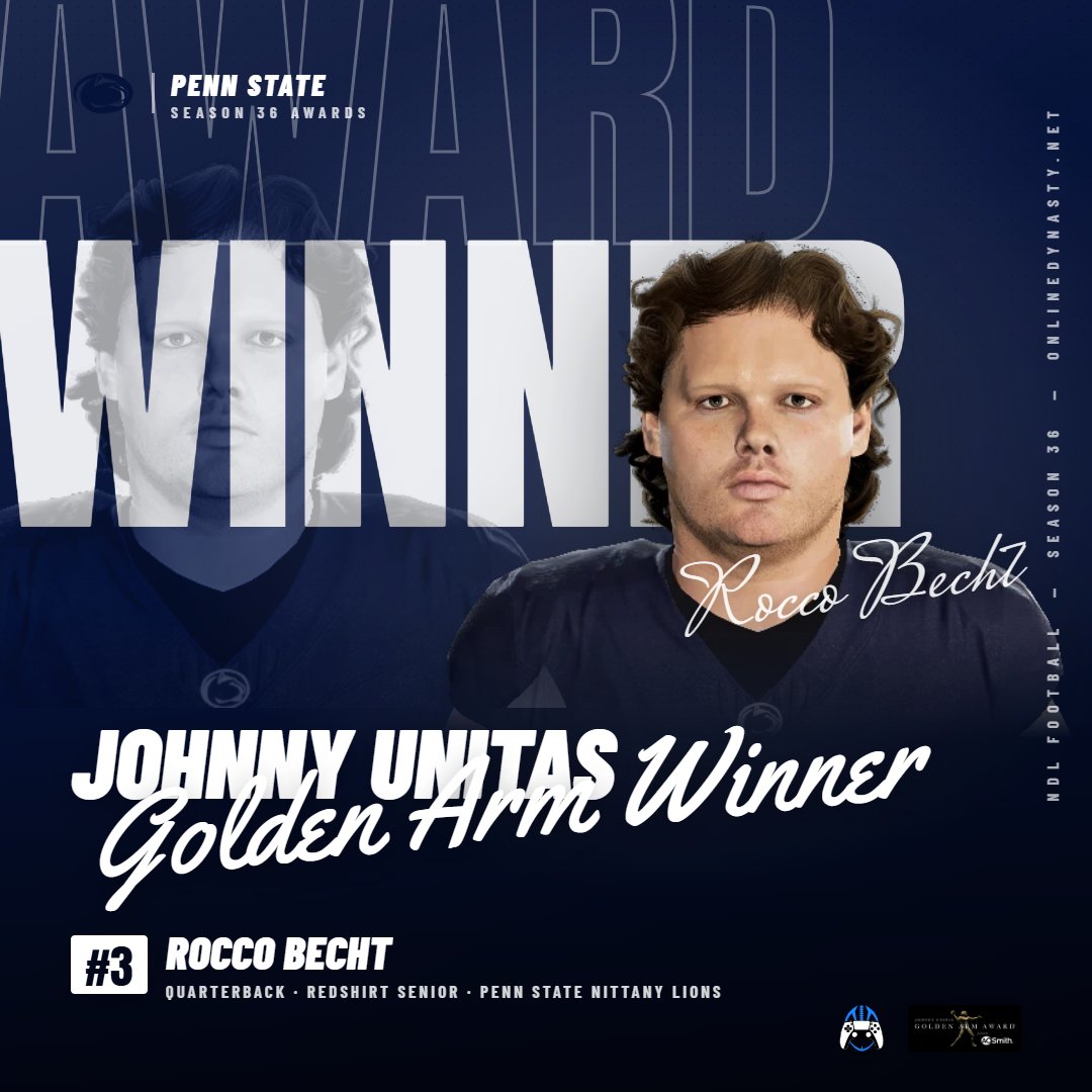 _onlinedynasty's tweet photo. Golden Arm: Penn State's Rocco Becht wins the Johnny Unitas Golden Arm (26-15 over Jayden Denegal) with a 216.1 rating and 34 TDs. #NDL https://t.co/425o3ltxe3