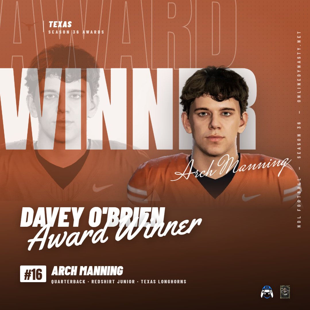 _onlinedynasty's tweet photo. Davey O'Brien: Arch Manning wins the Davey O'Brien again, his second straight, 30-11 over Will Hammond, with a 270.2 rating and 44 TDs for 13-0 Texas. #NDL https://t.co/fZpGQjhNMw