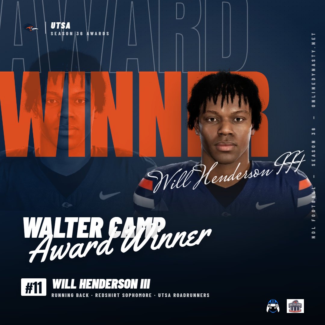 _onlinedynasty's tweet photo. Walter Camp: Will Henderson III wins the Walter Camp Award, 22-8 over Trey White, with 2,768 scrimmage yards and 37 total TDs. #NDL https://t.co/JdxhS0vVqa