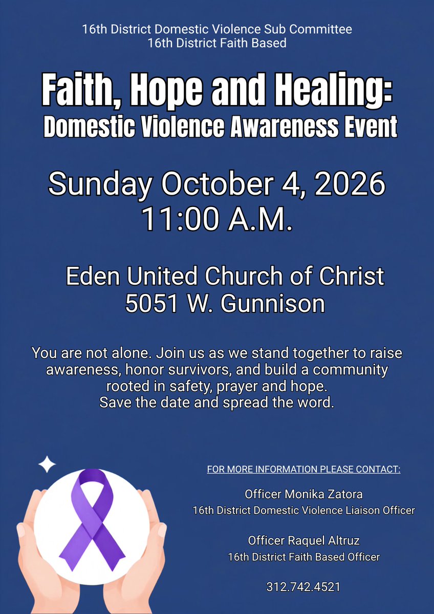 chicagocaps016's tweet photo. Join us on Sunday October 4, 2026 - 11:00 AM at Eden Church of Christ 5051 W. Gunnison for our Faith, Hope and Healing Domestic Violence Awareness Event. https://t.co/FoIBmfSQzs