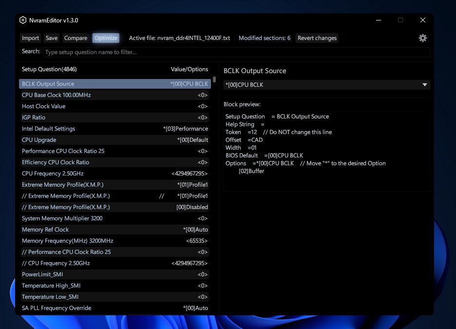 ogclarv's tweet photo. NVRAM Editor v1.3.0 is out!

One click. Auto detects Intel or AMD and tunes your BIOS settings for lower latency and higher FPS.

Toggle off anytime. Rest of the BIOS stays editable.

Still free. Stop paying tweakers. Link in reply 👇

#optimization #inputlag #fps #scewin https://t.co/t7YMPdiVBO