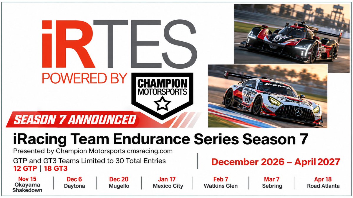 info_cms's tweet photo. We are excited to announce Season 7 of our #iracing Team #endurance Series #irtes.  Registration is now available for the season start in December at iRTES – The CMS Team Endurance Series – Champion Motorsports #simracing #simracer #esports #gt3 #GTP https://t.co/FkBIGa1lvb