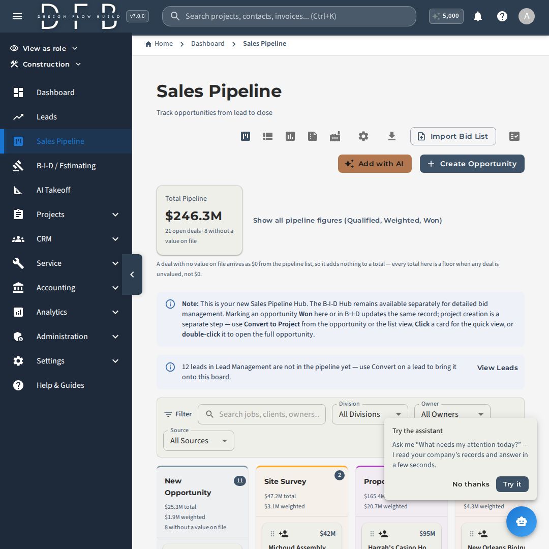 DesignFlowBuild's tweet photo. Each opportunity carries its stage, value, weighted value, and win probability, with days in stage and last activity tracked per deal โ all in one platform.
Take a look for yourself: https://t.co/0ijeGJBIA0
#Preconstruction #ConTech https://t.co/mINBGQUupU