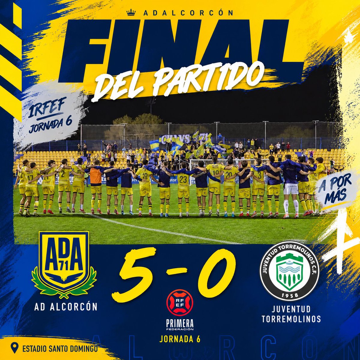 adalcorconfans2's tweet photo. 💙VICTORIA💛
•
🏟️ Finaliza la jornada 6 en el #EstadioSantoDomingo y la @AD_Alcorcon se impone por 5-0 a la @JTorremolinosCF
•
⚽ Auténtico partidazo por parte de los #alfareros en el día de su cantera para alcanzar la segunda plaza en la clasificación. Fútbol y comunión💙💛 https://t.co/JaD7eSgbou