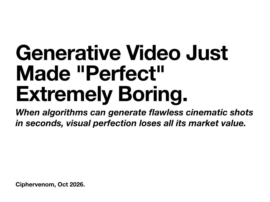 ciphervenom01's tweet photo. We are drowning in synthetically generated perfection. As generative video tools flood the timelines with physically impossible, hyper polished clips, the human eye is rapidly becoming numb to "perfect." The response? A massive cultural shift back to raw, manual execution. The new aesthetic premium lies in the friction of manual camera controls locking your own shutter angles, dialing in custom LUTs, and strictly killing the automated HDR smoothing. When AI can do everything flawlessly, the only way to stand out is to prove a human hand built the frame.
Are you shooting on auto, or controlling the pipeline? 🎥
#CIPHERVENOM #TechTrends #Cinematography #DigitalArt #GenerativeAI