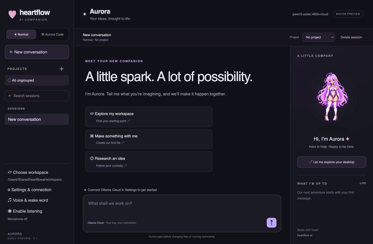 HeartFlowAI's tweet photo. 1/9 HeartFlowAI is opening the hood. 🖤

The HFAI Harness App is now on GitHub.

Meet Aurora: an AI companion with chat, coding, voice, and a desktop presence.

Devs, AI nerds, builders, curious ones, come explore.

https://t.co/fJUcl7dYdi https://t.co/E98P3JBKQB
