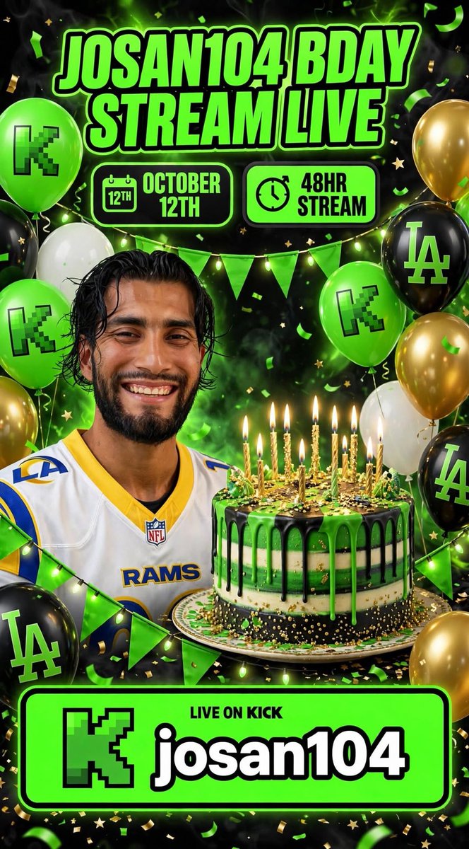 josan104_kick's tweet photo. 🎉💚 JOSAN104 BDAY 48-HOUR STREAM! 💚🎉

October 12th — we’re going LIVE on KICK for 48 HOURS! 🔥

Come celebrate with me, pull up, and let’s make this one unforgettable! 🥳

@Kick @kickcommunity 

#KICK #Josan104 #BirthdayStream #48HourStream https://t.co/Ll3RZYugpK