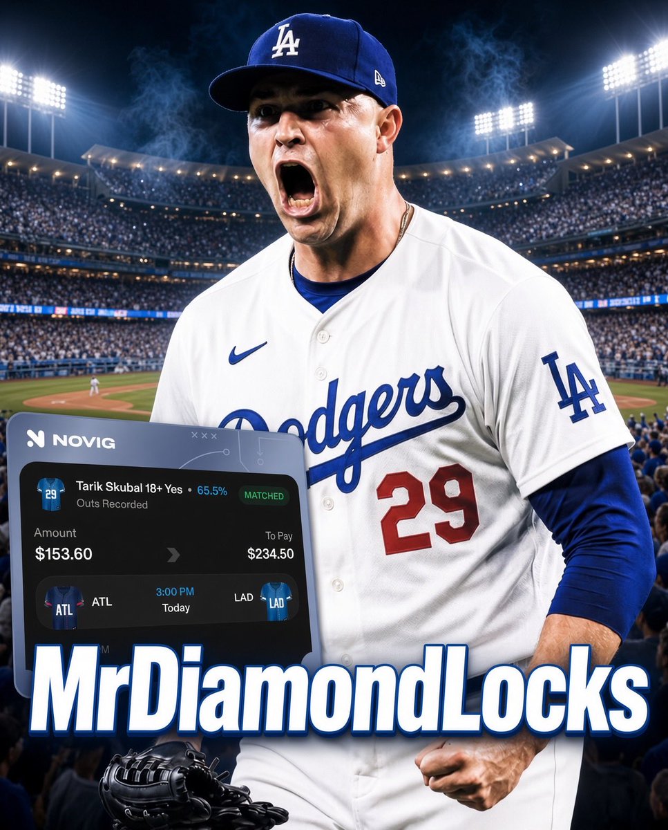 MrDiamondlocks's tweet photo. Tarik Skubal 18+ Outs 💎🔒 
@Novig 
ATL @ LAD — 3:00 PM

💎Skubal 18+ outs recorded
$153.60 → $234.50 Matched. 
Lock in. Follow for daily picks 📈 #Novig #Dodgers #Braves #MLBPlayoffs #NLDS #Skubal #OutsRecorded https://t.co/NUHQM5UNIO