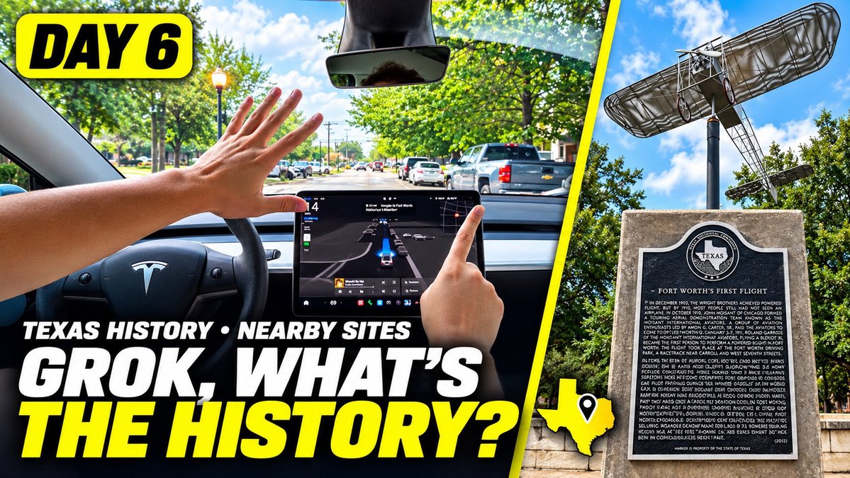 A YouTube thumbnail titled 'DAY 6' featuring a hand waving inside a Tesla with Full Self-Driving engaged, alongside a historical marker for Fort Worth's First Flight and a vintage biplane statue.