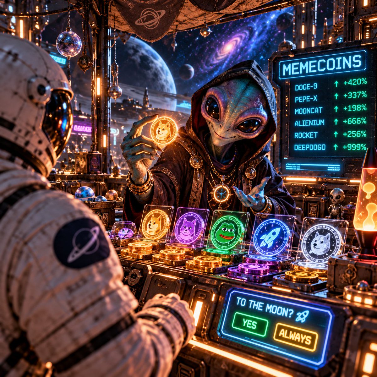 HyperSatApp's tweet photo. Deepfield explorer: “Got any Deepfield NFTs?”
Local alien: “Not yet… but have you seen our beautiful memecoin?” 👽 https://t.co/ozpwacXqxZ