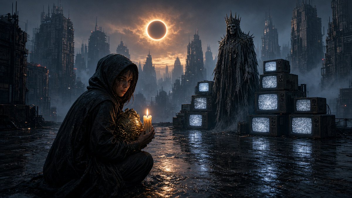 ThePaleImitator's tweet photo. Dawn forgot to rise; she stole the last flame anyway.

#AIart #digitalart #darkfantasy #dystopia #eclipse #lich https://t.co/2UluNwrEXz