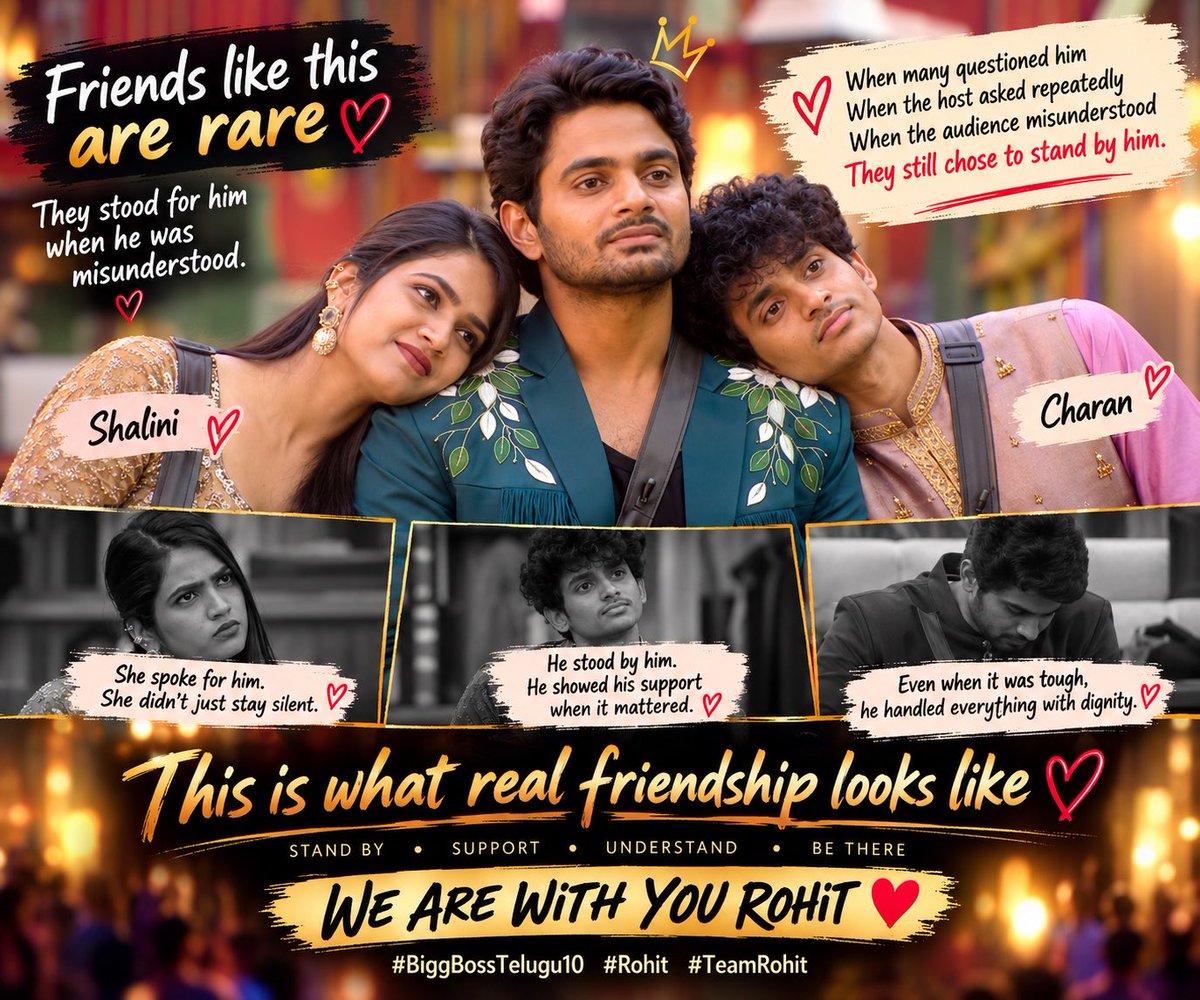 zyrareign's tweet photo. Friends like this are rare. ❤️
When Rohit was misunderstood, Shalini & Charan stood by him when it mattered most. 🥹💙
That’s real friendship. 🫶 We are with you, Rohit! ❤️🔥🫂
#BiggBossTelugu10 #Rohit #TeamRohit https://t.co/37cQnrQZI7