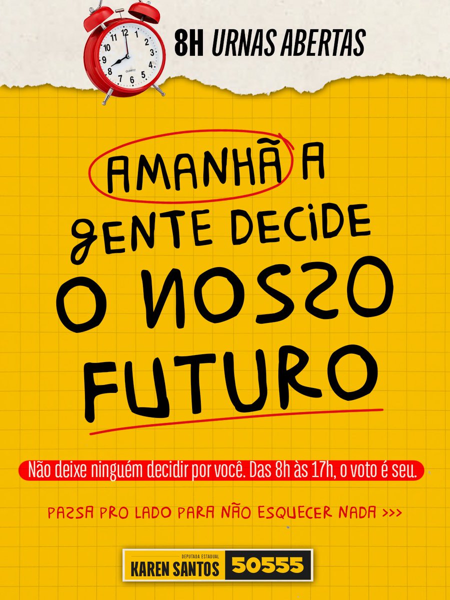 karenpsol's tweet photo. Amanhã a gente decide o nosso futuro 📣

Salva o carrossel e leva a colinha no bolso.

No 2º voto, pra deputada estadual: 5️⃣0️⃣5️⃣5️⃣5️⃣ e confirma. Vota Karen e leva quem tu ama junto. ✊🏾

📲 Manda pra quem tá sem colinha.

Karen Santos 50555
Deputada estadual do RS 💛 https://t.co/C93U2egHXQ