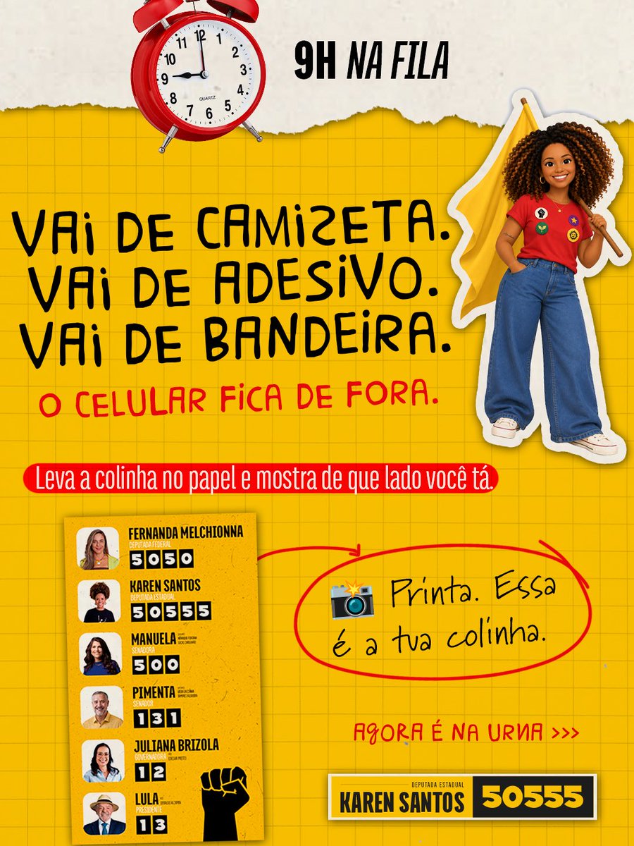 karenpsol's tweet photo. Amanhã a gente decide o nosso futuro 📣

Salva o carrossel e leva a colinha no bolso.

No 2º voto, pra deputada estadual: 5️⃣0️⃣5️⃣5️⃣5️⃣ e confirma. Vota Karen e leva quem tu ama junto. ✊🏾

📲 Manda pra quem tá sem colinha.

Karen Santos 50555
Deputada estadual do RS 💛 https://t.co/C93U2egHXQ
