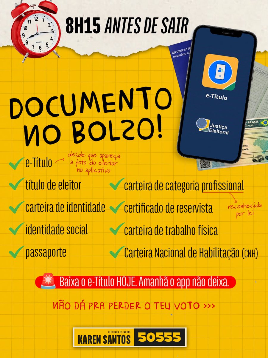karenpsol's tweet photo. Amanhã a gente decide o nosso futuro 📣

Salva o carrossel e leva a colinha no bolso.

No 2º voto, pra deputada estadual: 5️⃣0️⃣5️⃣5️⃣5️⃣ e confirma. Vota Karen e leva quem tu ama junto. ✊🏾

📲 Manda pra quem tá sem colinha.

Karen Santos 50555
Deputada estadual do RS 💛 https://t.co/C93U2egHXQ