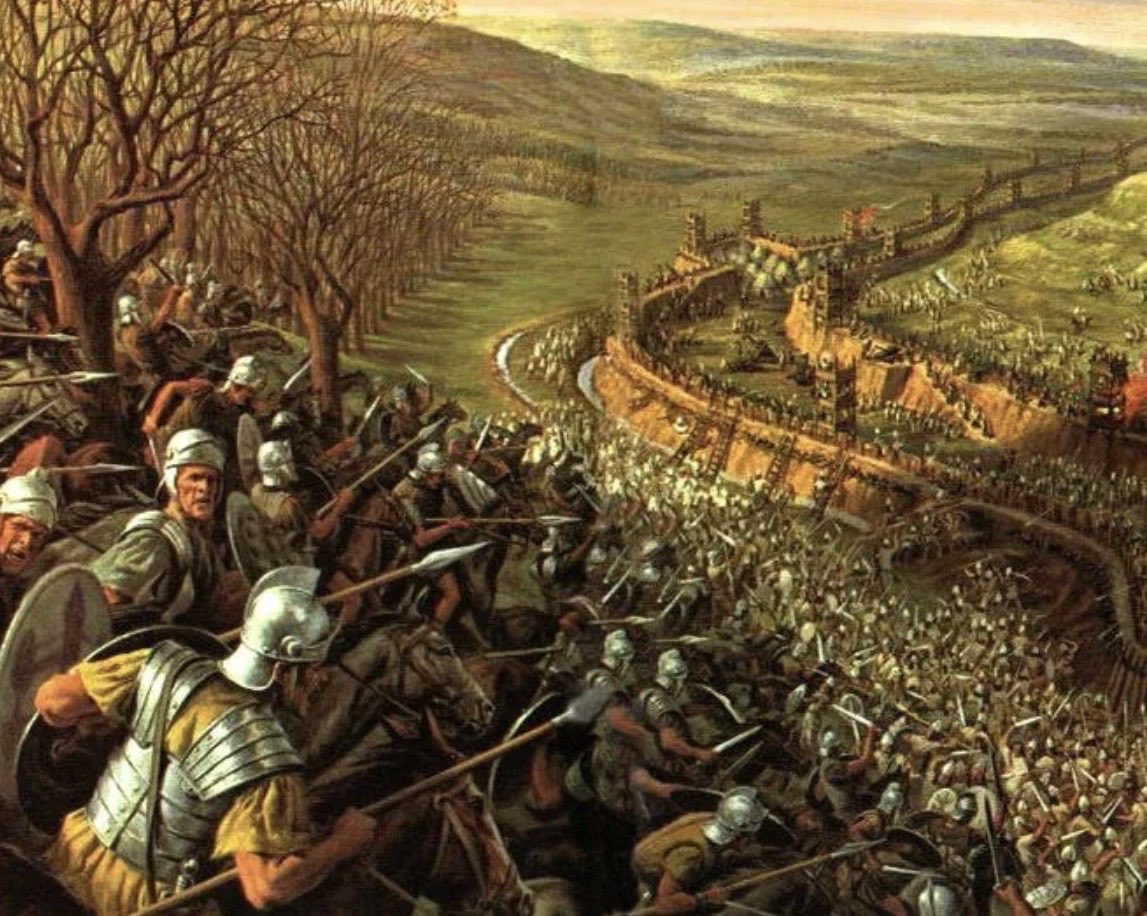 TodayinHistory's tweet photo. Julius Caesar defeated the Gauls at Alesia today in 52 BC. 

He famously built two walls during the siege, one to encircle Alesia and the other to defend against a relief army. 

Vercingetorix had no more moves, and surrendered to the Romans unconditionally. https://t.co/lGv35Bdcrd