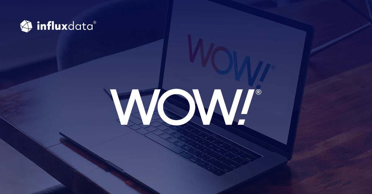 A laptop on a table displays the "WOW!" logo on its screen. The "influxdata" logo appears in the top left corner of the image.