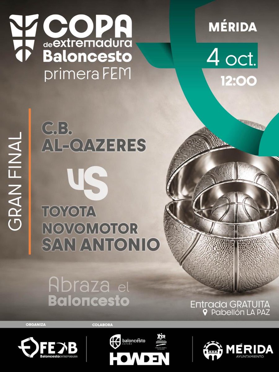 FExB's tweet photo. 𝐅𝐈𝐍𝐀𝐋 𝐂𝐎𝐏𝐀 𝐃𝐄 𝐄𝐗𝐓𝐑𝐄𝐌𝐀𝐃𝐔𝐑𝐀 𝟏ª 𝐅𝐄𝐌 🏆

🗓️ Domingo 04/10
⏰ 12:00h
⛹🏻‍♀️ MFR @cb_alqazeres 🆚 Toyota Novomotor @SanAntonioCc

@jovendeportEXT
@ayto_merida
#BaloncestoExtremadura #abrazaelbaloncesto https://t.co/bK2ziqabGW