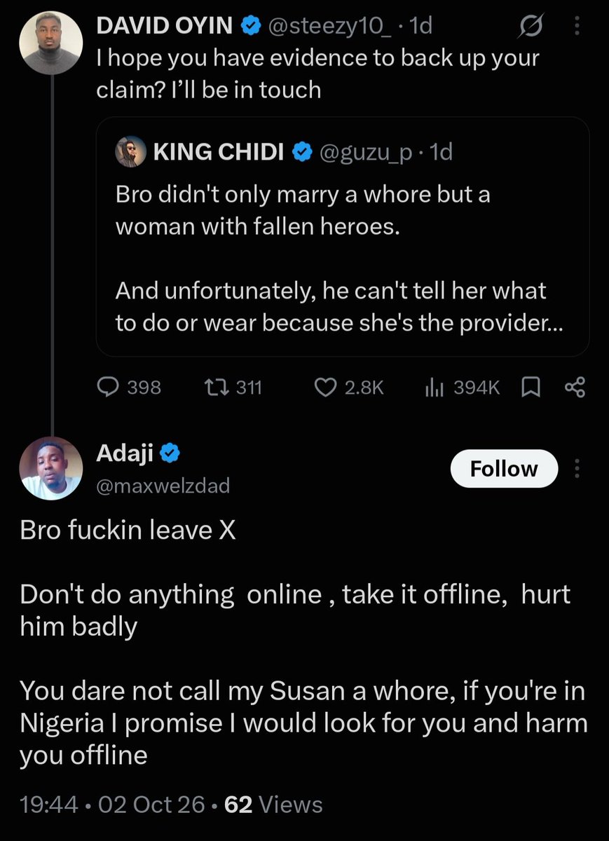 guzu_p's tweet photo. Nigerian men are after my life 😂

See as men wey marry whores dey carry woman for head like Totomodu Pink?

Marry virgin, you say NO. You go ahead to marry a whore with fallen heroes who dresses inappropriately and when people call her what she is, you vouch to ruin your fellow man?

These men now want to come for me illegally, harm me, raise fund for my downfall, and join cult just because they want to be seen as a real man by the non virgins they settled for who'll still give them a bastard to raise.

I have never seen Nigerian women move this way for their man on the internet but Nigerian men will go above and beyond to prove a point to a bed to bed midfielder they settled for.

Nigerian men too useless.