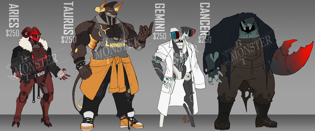 BaptizedInSqrt's tweet photo. Four Robot Adoptables! Part of a 3 batch series based on the as zodiac, i'm starting with Aries, Taurus, Gemini and Cancer.
The adopt comes complete with a full reference page including a couple detail shots and an nsfw alt.
If interested contact me in twitter dms! https://t.co/3Hz4ESyy0x