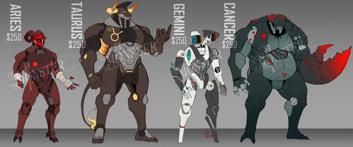 BaptizedInSqrt's tweet photo. Four Robot Adoptables! Part of a 3 batch series based on the as zodiac, i'm starting with Aries, Taurus, Gemini and Cancer.
The adopt comes complete with a full reference page including a couple detail shots and an nsfw alt.
If interested contact me in twitter dms! https://t.co/3Hz4ESyy0x