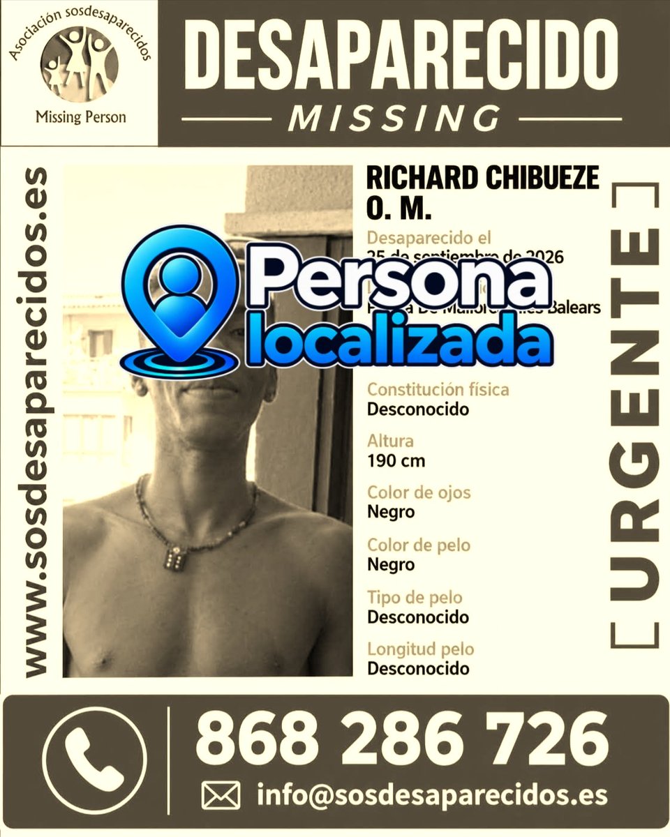 sosdesaparecido's tweet photo. 🔕 DESACTIVADA 
#España #sosdesaparecidos #Desaparecido #Missing #PalmadeMallorca
Síguenos @sosdesaparecido https://t.co/D3sC3tDk9v