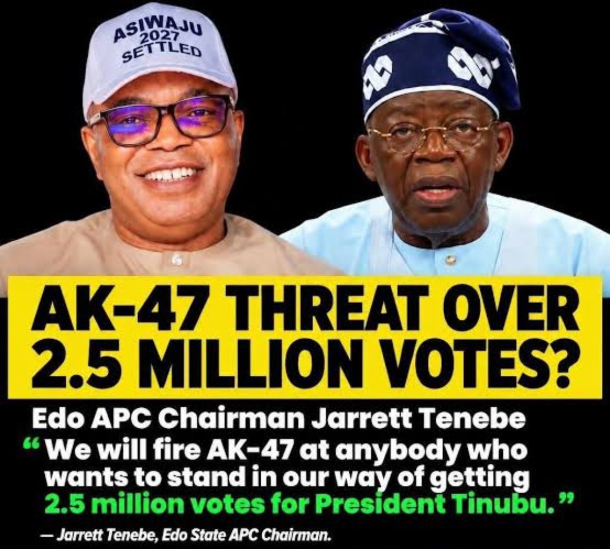 batten_von's tweet photo. The United States recently supplied military equipment to the Nigerian government under President Bola Tinubu (@officialABAT). We fear that President Tinubu and his allies will use those weapons against Nigerian civilians and opposition groups.

A senior member of President #Tinubu’s campaign was captured on video threatening to kill anyone who stands in the way of a promise made to find and deliver 2.5 million votes to President Tinubu. Election rigging and murder, with possible U.S.-funded or U.S.-supplied weapons, all in one.

Watching on @CNN and @BBC as Nigerian civilians and opposition members are murdered in the streets with U.S.-funded or U.S.-supplied weapons is now a possibility. We will be briefing @HouseGOP, @HouseDemocrats, and the Trump Administration on this development on Monday.

@realDonaldTrump @SusieWiles47 @WhiteHouse @HouseForeignGOP @HouseForeign @SenateForeign @SFRCdems @HASCRepublicans @HASCDemocrats @SASCGOP @SASCDems @DeptofWar @StateDept @AsstSecStateAF @PressSec @CNN @BBCAfrica @AP @FoxNews @Politico