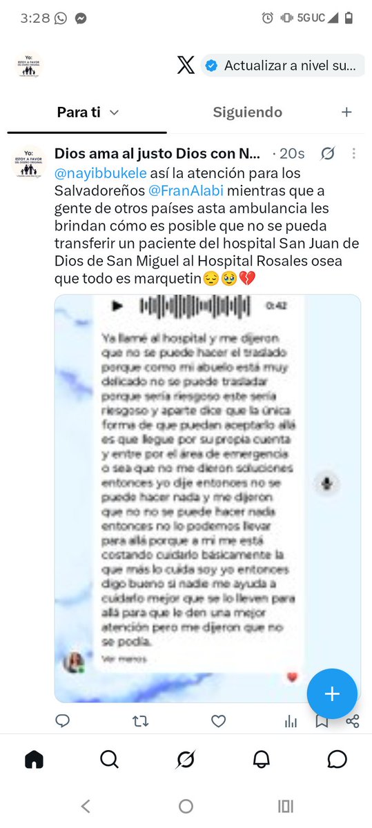 FranciscaMerin4's tweet photo. @SaludSV @FranAlabi Les pedí ayuda para trasladarlo al Rosales mas de 15 días ingresado y hasta el momento no sabemos en qué etapa está solo sabemos que necesita atención de emergencia El Salvador tiene tecnología de primera pero no se puede acceder a ella la verdad desecionada https://t.co/UhBXgdL46K