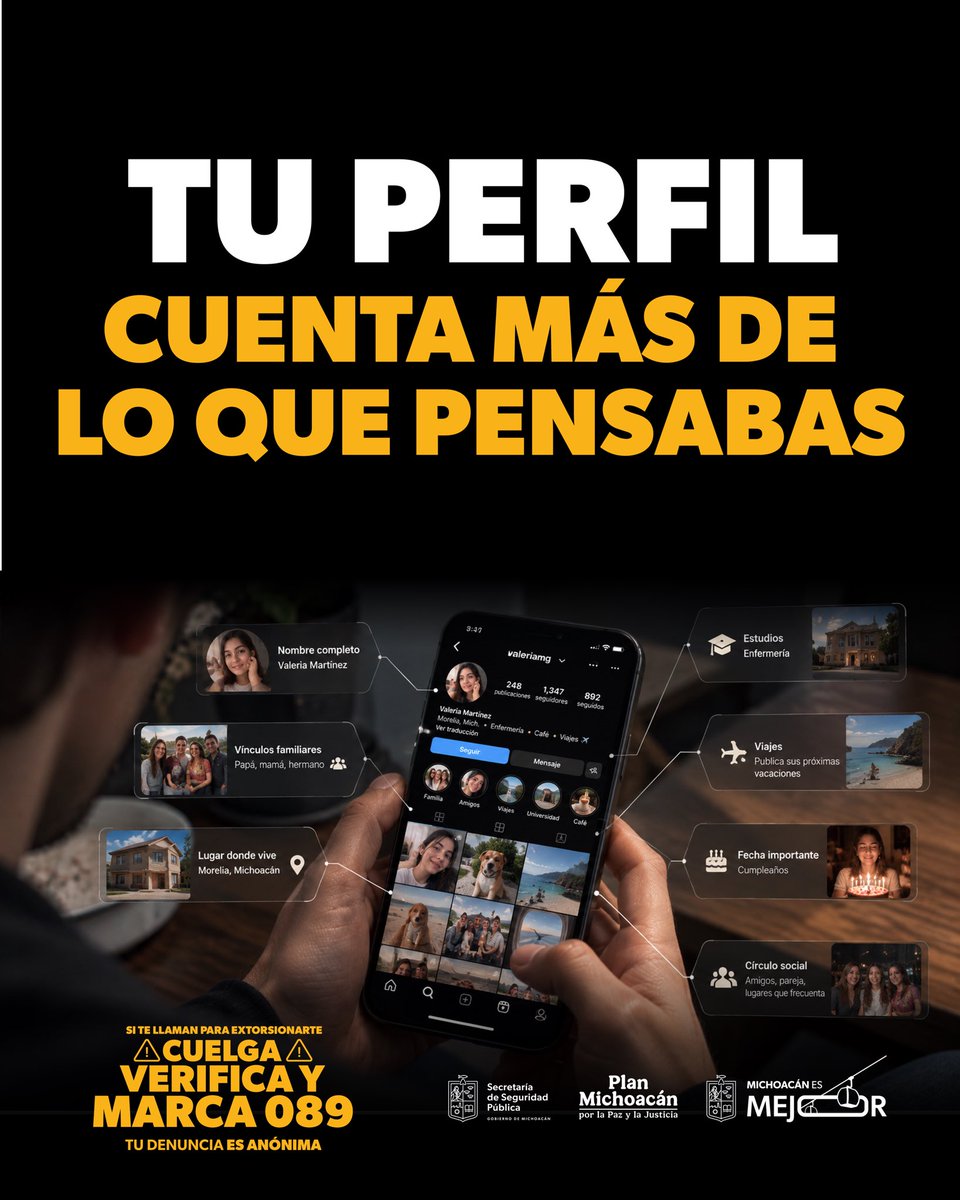 SSeguridad_Mich's tweet photo. 📱Lo que compartes en redes puede revelar más de ti de lo que imaginas.
📸 Una publicación, una fotografía o un dato personal pueden ser utilizados por quienes buscan extorsionarte.
🚨 Si recibes una llamada de extorsión: CUELGA, VERIFICA Y MARCA 089.
#GuardiaCivil #TeCuidamos https://t.co/p2bssLYoQg