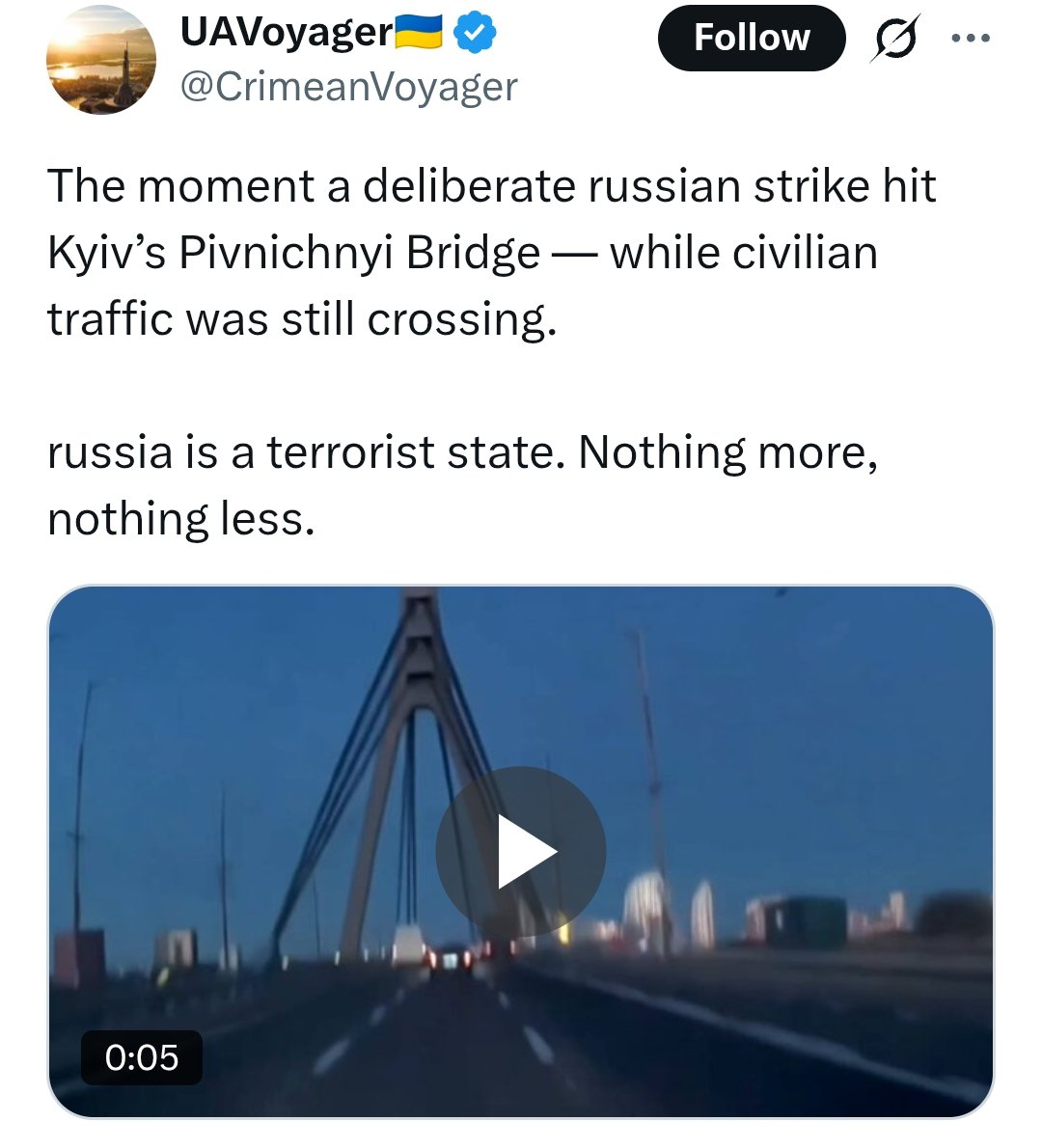 OlgaBazova's tweet photo. When Ukraine used an unsuspecting driver carrying truck full of explosives, on a bridge full of civilian traffic, causing an explosion that took 5 innocent lives, it was a cause for a celebration, but when Russia attacked a bridge with precision, and nobody died, it's terrorism.

This you?