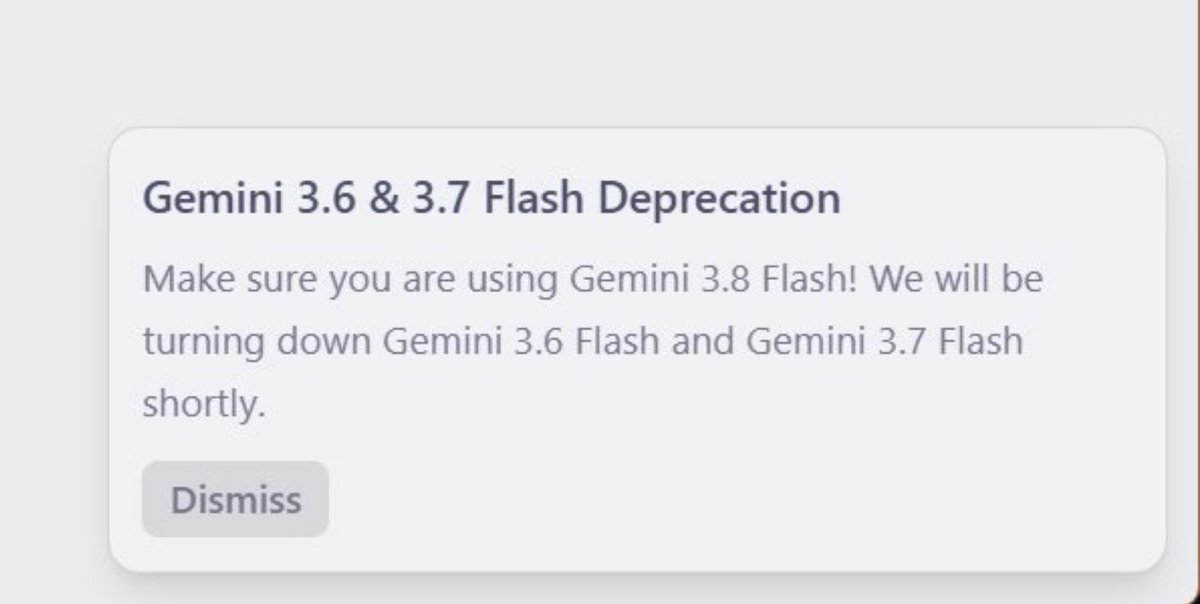 Sachi_0298's tweet photo. 🚨 Gemini 3.6 Flash and Gemini 3.7 Flash are being deprecated very soon 

Google also seems to be removing older models across the platform, while Fast modes for some Flash models have disappeared from the model selector

Also Gemini 4 Argon is reportedly coming soon https://t.co/CIsa84asTY