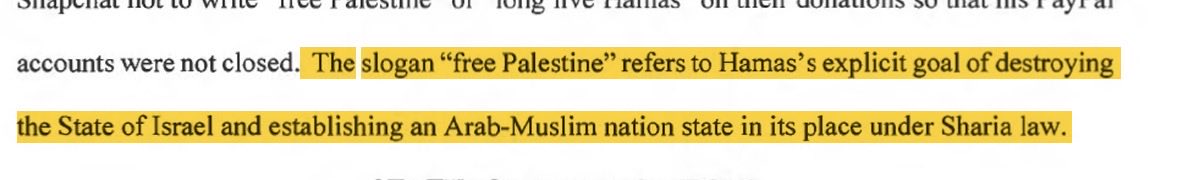 LaraFriedmanDC's tweet photo. ICYMI, the US Atty for the Southern District of NY now asserts as a fact in a criminal indictment (p 10) that “Free Palestine” “refers to Hamas's explicit goal of destroying the State of Israel and establishing an Arab-Muslim nation state in its place under Sharia law.” https://t.co/dM0eBteHqH
