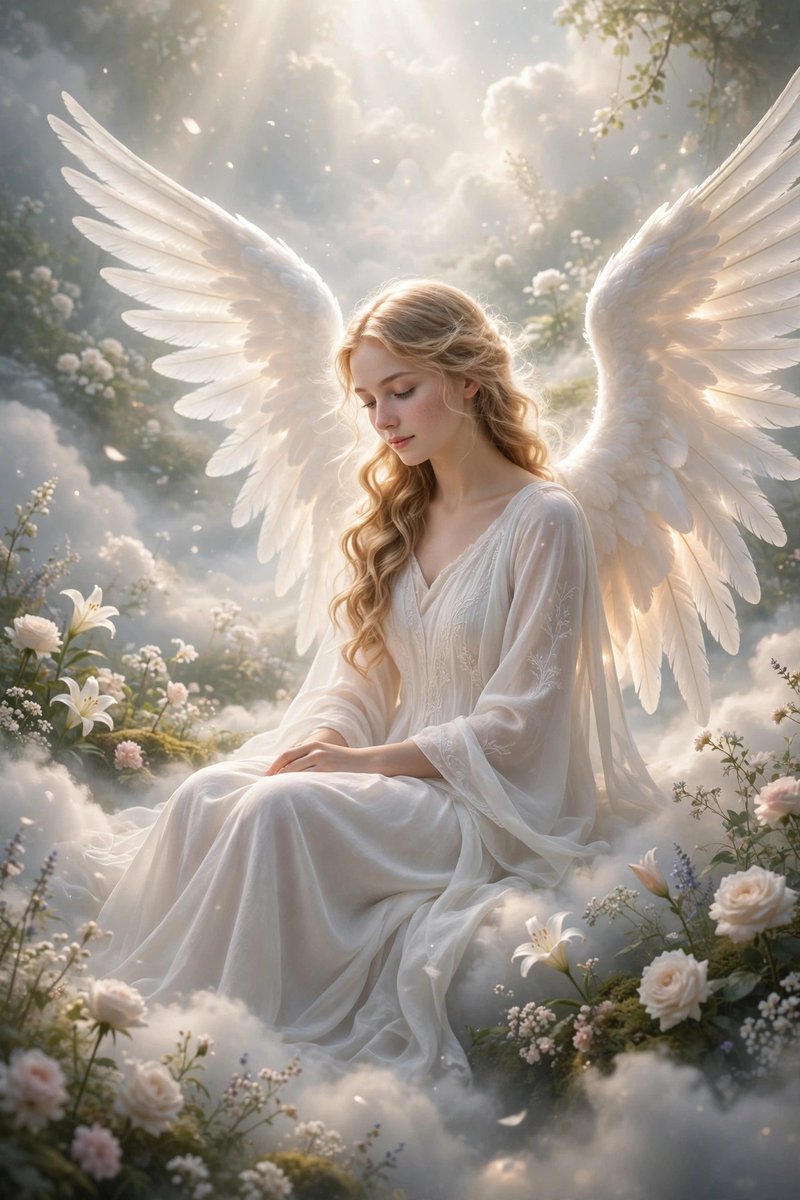 fouz23305's tweet photo. Heaven touched the earth for a moment✨.

Prompt:
Beautiful angel with white glowing wings in a heavenly garden, peaceful angelic look, soft divine light, elegant white gown, serene pose sitting by clouds, photorealistic, dreamy atmosphere

 Beautiful angel with white glowing wings, standing pose in heavenly garden, peaceful angelic look, soft divine light, elegant white gown, wings spread wide, looking towards sky, photorealistic, dreamy atmosphere