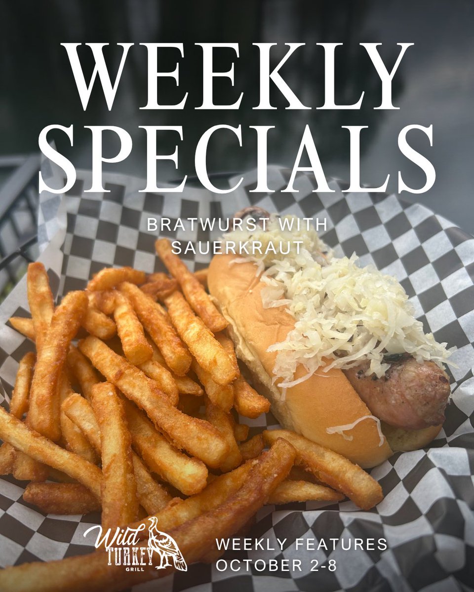 wildturkeygrill's tweet photo. Craving comfort food? 🌭 Grab our Handheld Feature at WTG!

Get a Grilled Bratwurst loaded with sauerkraut + your choice of fries, chips, or tots for just $10. 🍟🍻 Available dine-in or to-go through Oct 8th!

#WTG #Bratwurst #LunchSpecial #EatLocal https://t.co/ryoFQTMb6e