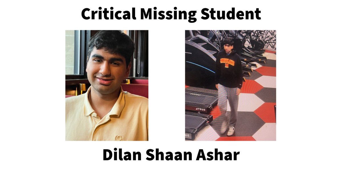 UMPD's tweet photo. We are asking for the community’s help in finding critical missing UMD student, 22-year-old, Dilan Shaan Ashar. The photo on the right is from 10/2/26, at approx 2 a.m., when Dilan was leaving his residence. He was last seen wearing a black UMD hooded sweatshirt, grey sweatpants, https://t.co/KdoVZKK7Mk