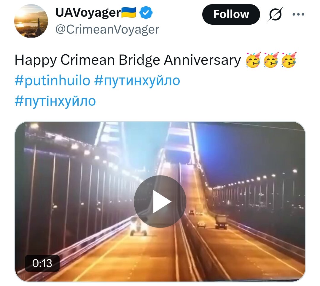 OlgaBazova's tweet photo. When Ukraine used an unsuspecting driver carrying truck full of explosives, on a bridge full of civilian traffic, causing an explosion that took 5 innocent lives, it was a cause for a celebration, but when Russia attacked a bridge with precision, and nobody died, it's terrorism.

This you?