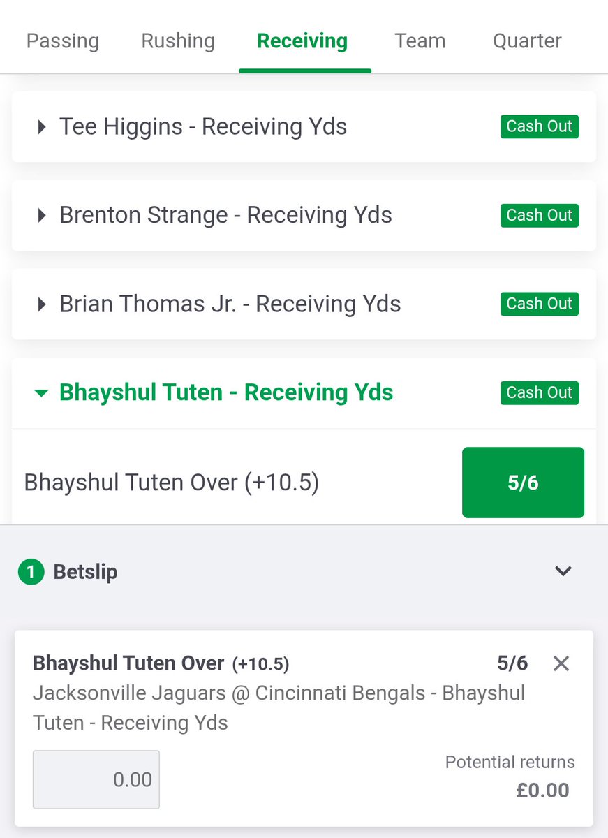paulsingh22's tweet photo. Jags v Bengals : Bhayshul Tuten 010.5 Rec Yds

27 RBs have cleared this in the last 20 games against the Bengals .

At least 1 Running Back has cleared this against Cincy in their last 24 games consecutive games .

Tuten is 2/3 this season so is the best placed RB to do so . https://t.co/CoGyNeD8hh