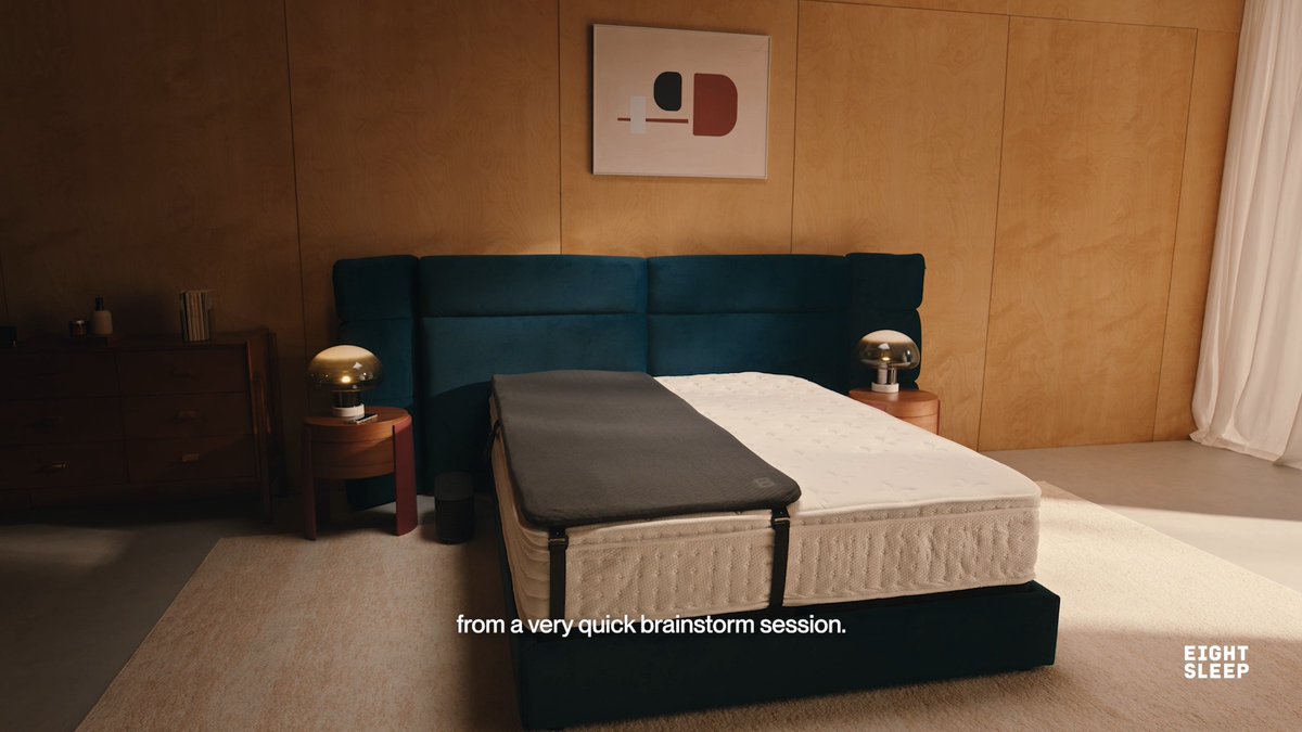 A modern bedroom features a mattress with a dark gray topper, flanked by two round wooden nightstands with mushroom-shaped lamps. Text reads 'from a very quick brainstorm session.' and 'EIGHT SLEEP'.