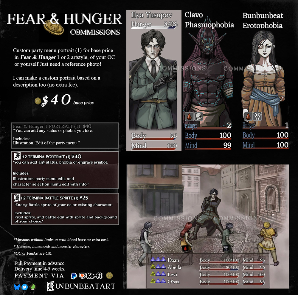 BunBunBeatArt's tweet photo. Fear &amp; Hunger artstyle commissions price sheet. Prices updated to 2026.  Interested please send DM.   Some slots available for the oct-nov calendar.  [ #Commission #opencommission #FearandHunger ] https://t.co/t7gnf01L9T