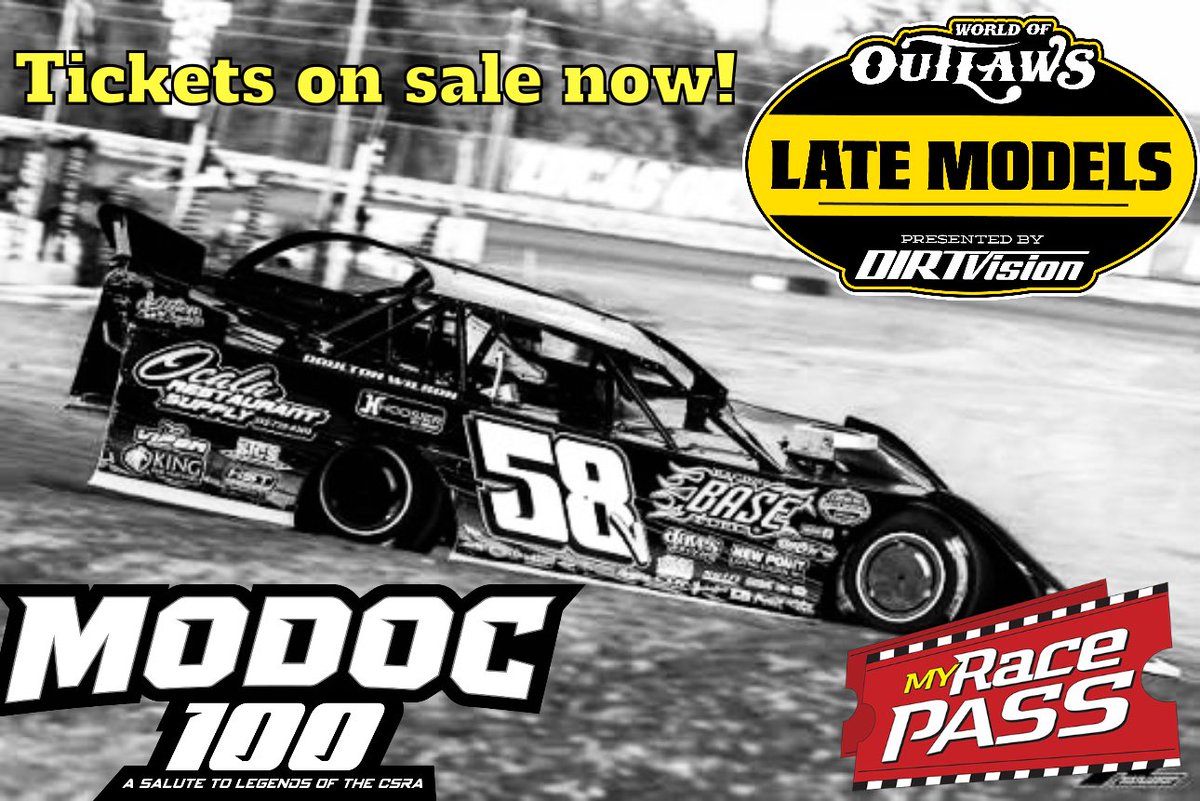 ModocSpeedwaySC's tweet photo. 🚨𝗥𝗘𝗠𝗜𝗡𝗗𝗘𝗥🚨

🏁𝗠𝗼𝗱𝗼𝗰 💯

🎟️ 𝗧𝗜𝗖𝗞𝗘𝗧𝗦 𝗢𝗡 𝗦𝗔𝗟𝗘 NOW!
Go to:
@MyRacePass 

@WoOLateModels Oct 23 and 24!

This will include single and two-day passes as well as trackside parking and ATV / golf cart passes  (will require a pit pass purchase) and camping (will require a ticket purchase).