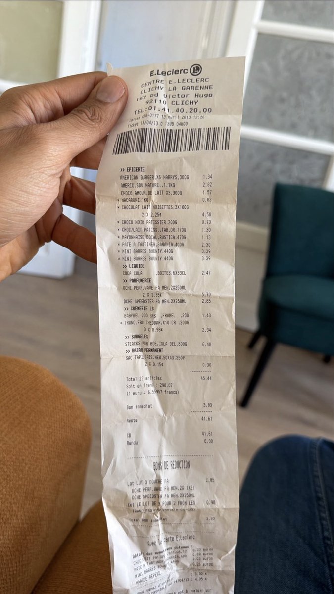 7wimokelon's tweet photo. J’ai retrouvé un ticket de caisse de 2013 
Les prix … je préfère en rire en imaginant combien ça coûte aujourd’hui en 2026 💀 https://t.co/MbLqAphMig