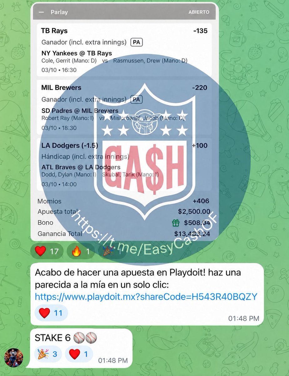 AdrianoPicks_MX's tweet photo. ⚾ @Yankees vs @RaysBaseball
⚾ @Padres vs @Brewers
⚾ @Braves vs @Dodgers 
🚨 𝗣𝗜𝗖𝗞 𝗗𝗘 𝗞𝗢𝗔𝗟𝗔 🚨
🔥 Stake 6 | Parlay +406
Metemos $2,500 y buscamos cobrar $13,483.24 👀

🎁 Más apuestas 𝗚𝗥𝗔𝗧𝗜𝗦 👇
https://t.co/TJscdKTHoL

#MLB #Koala https://t.co/xyypcDIPkT