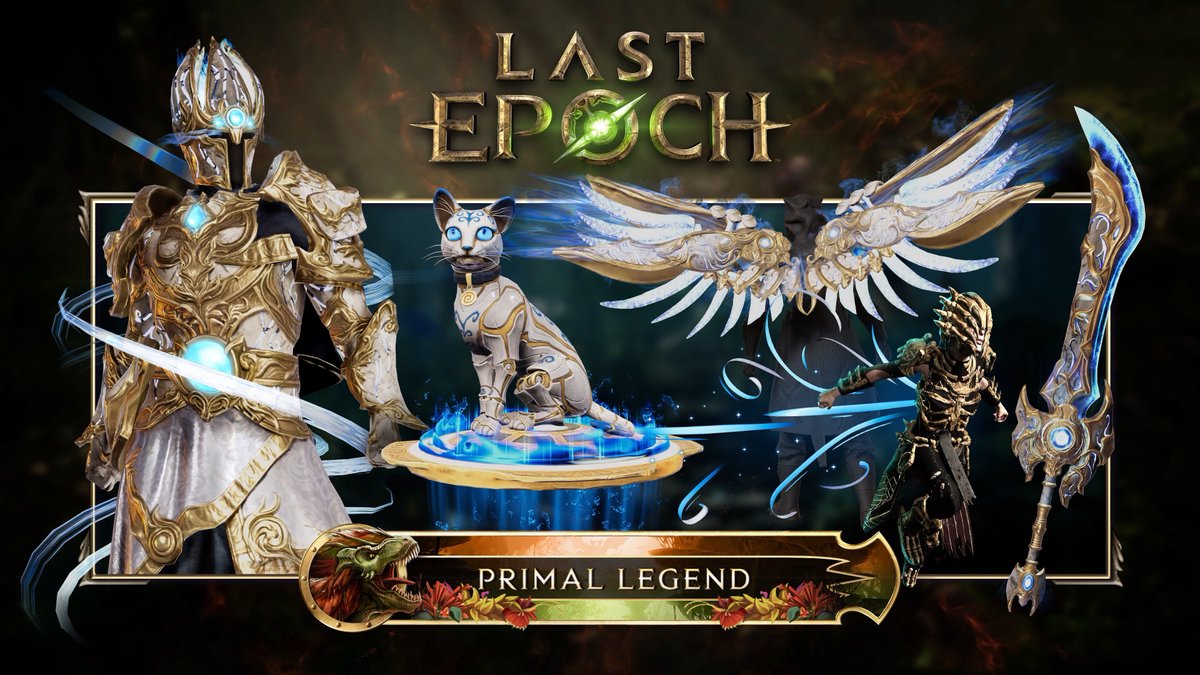 A promotional image for the video game "Last Epoch," specifically advertising the "Primal Legend" Supporter Pack. The artwork features a heavily armored knight, an ornate winged helmet, a decorated cat, and armored characters, all set against a dark fantasy backdrop with the game's logo prominently displayed at the top.